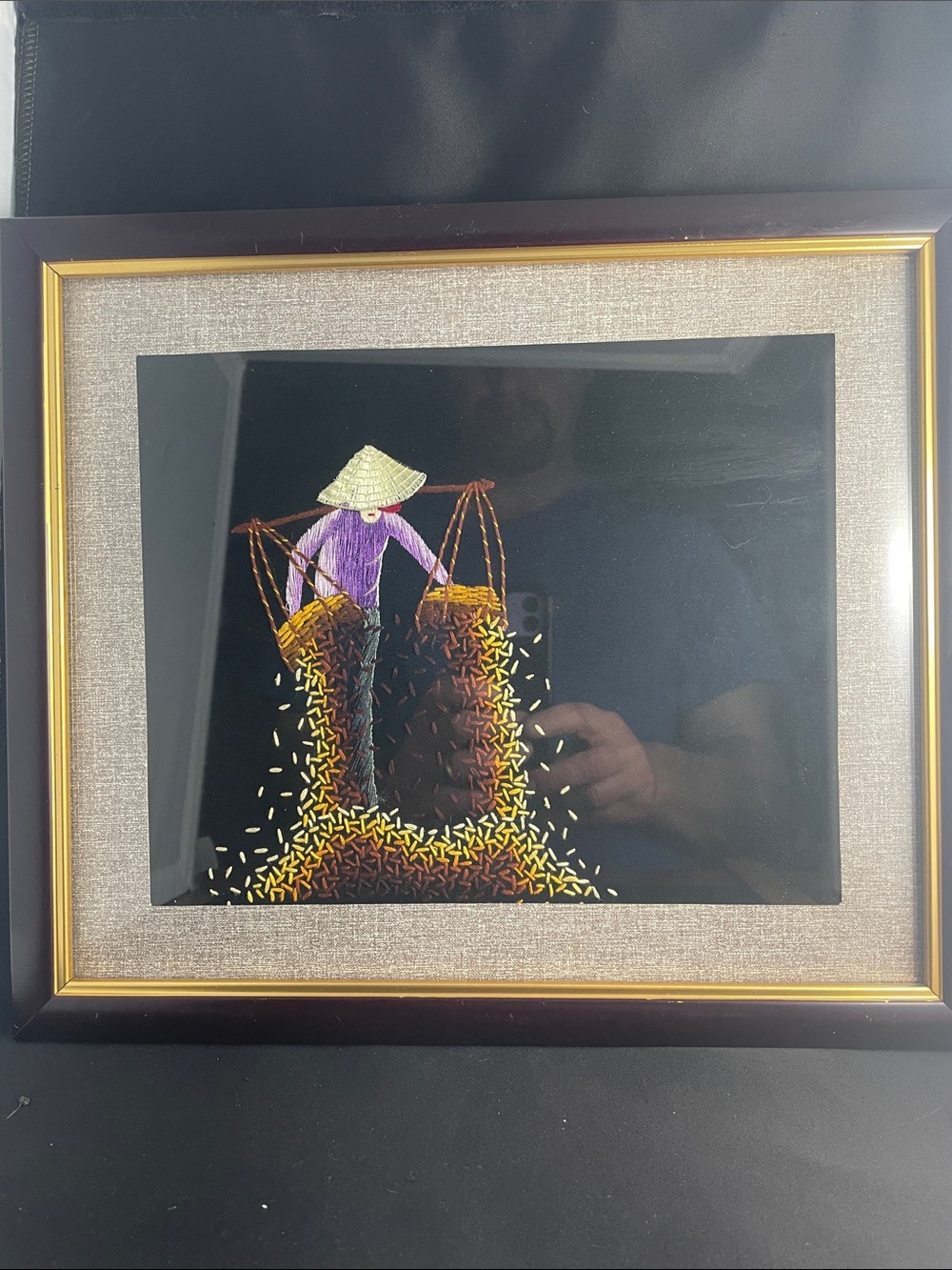 Vintage Framed Vietnamese Hand Sewn Silk Rice Harvest Embroidery